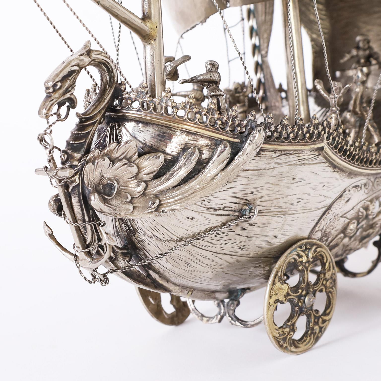 Antique Italian Silver on Brass Sailing Ship on Wheels For Sale 1