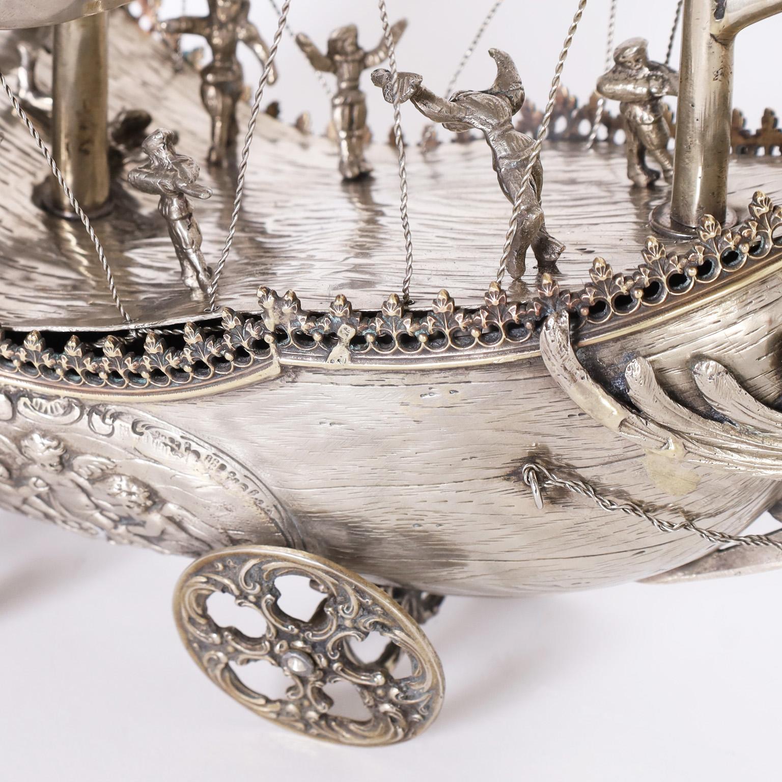 Antique Italian Silver on Brass Sailing Ship on Wheels For Sale 2