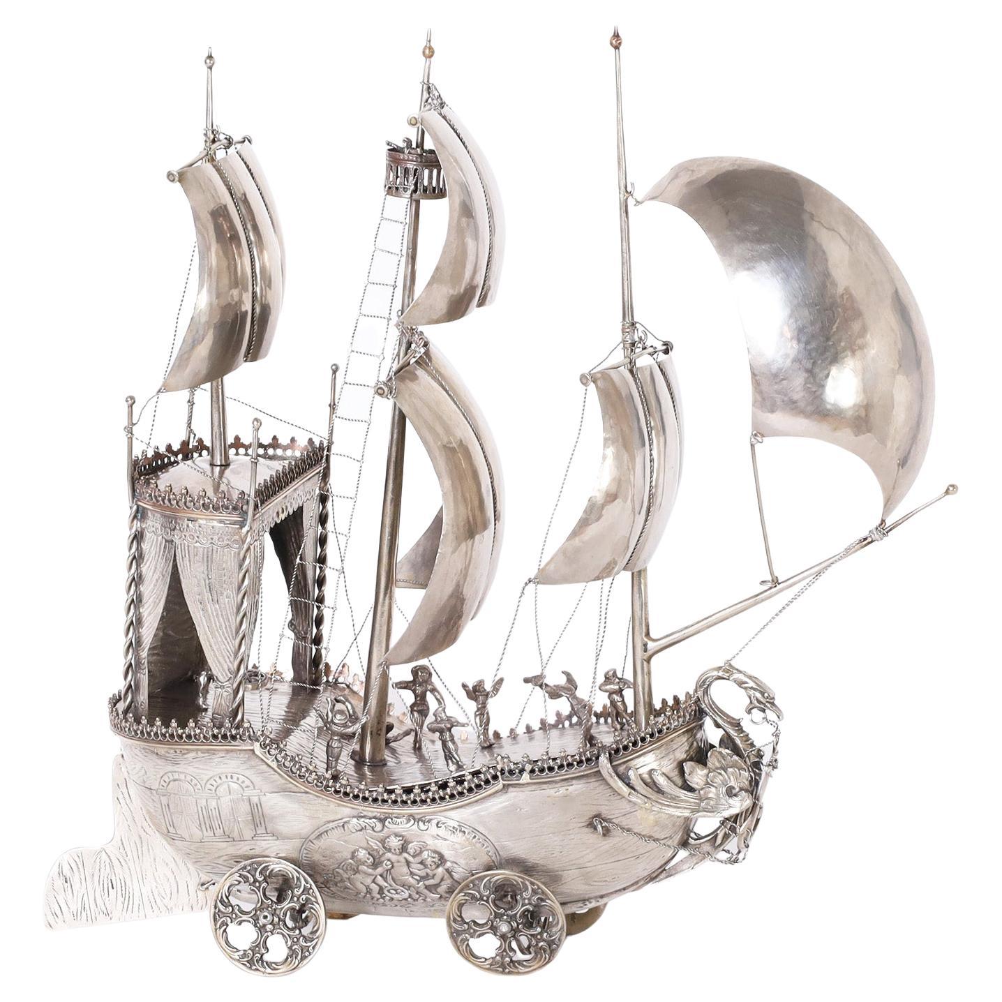 Antique Italian Silver on Brass Sailing Ship on Wheels For Sale