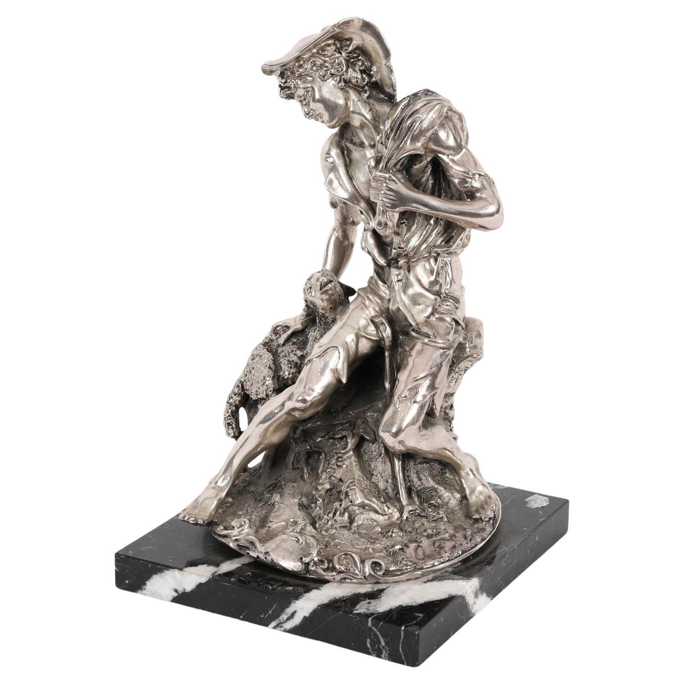 Antique Italian Silvered Bronze Sculpture Shepherd and Lamb 19th Century For Sale