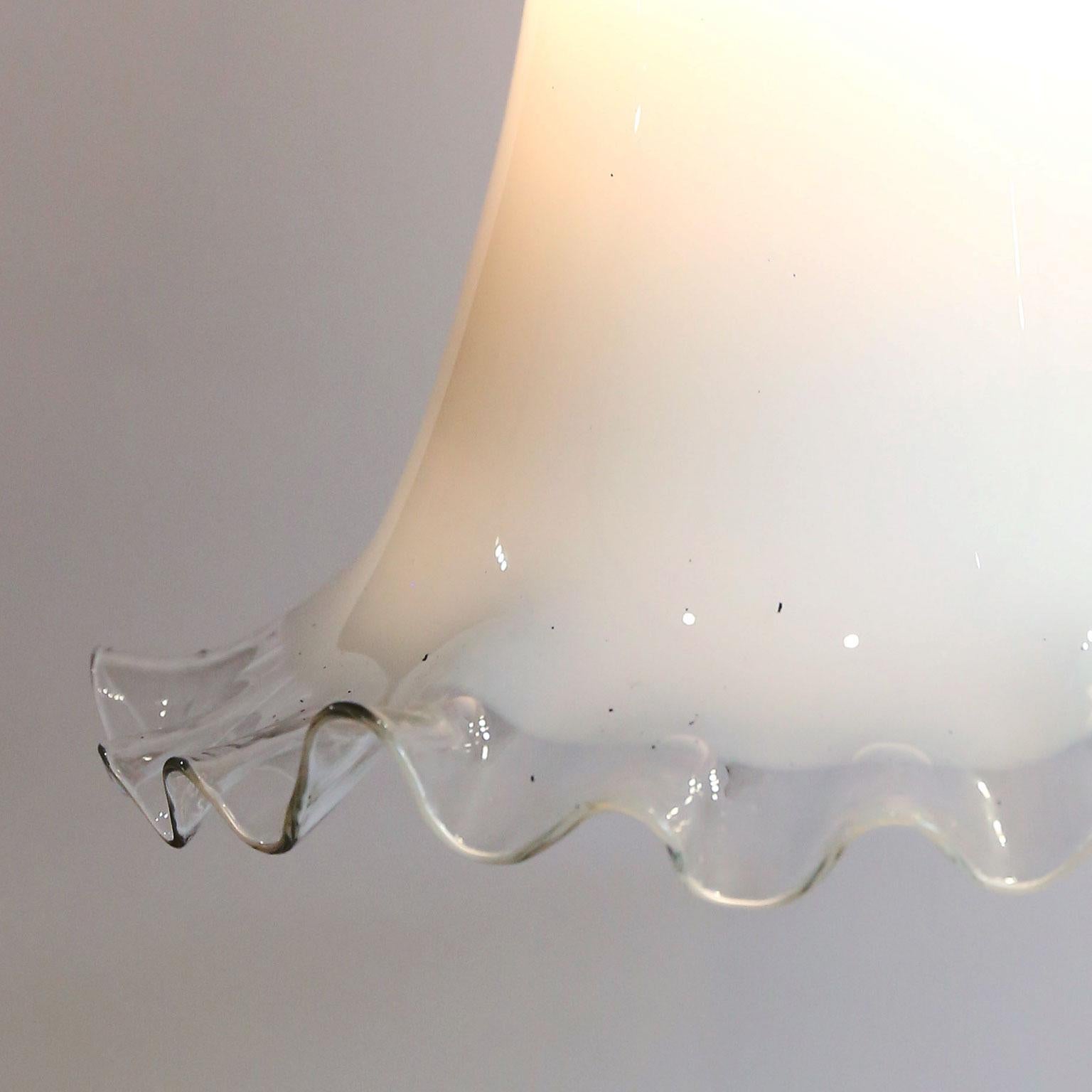 Metal Antique Italian Milk Glass Pendant With Ruffled Hand-Blown shade