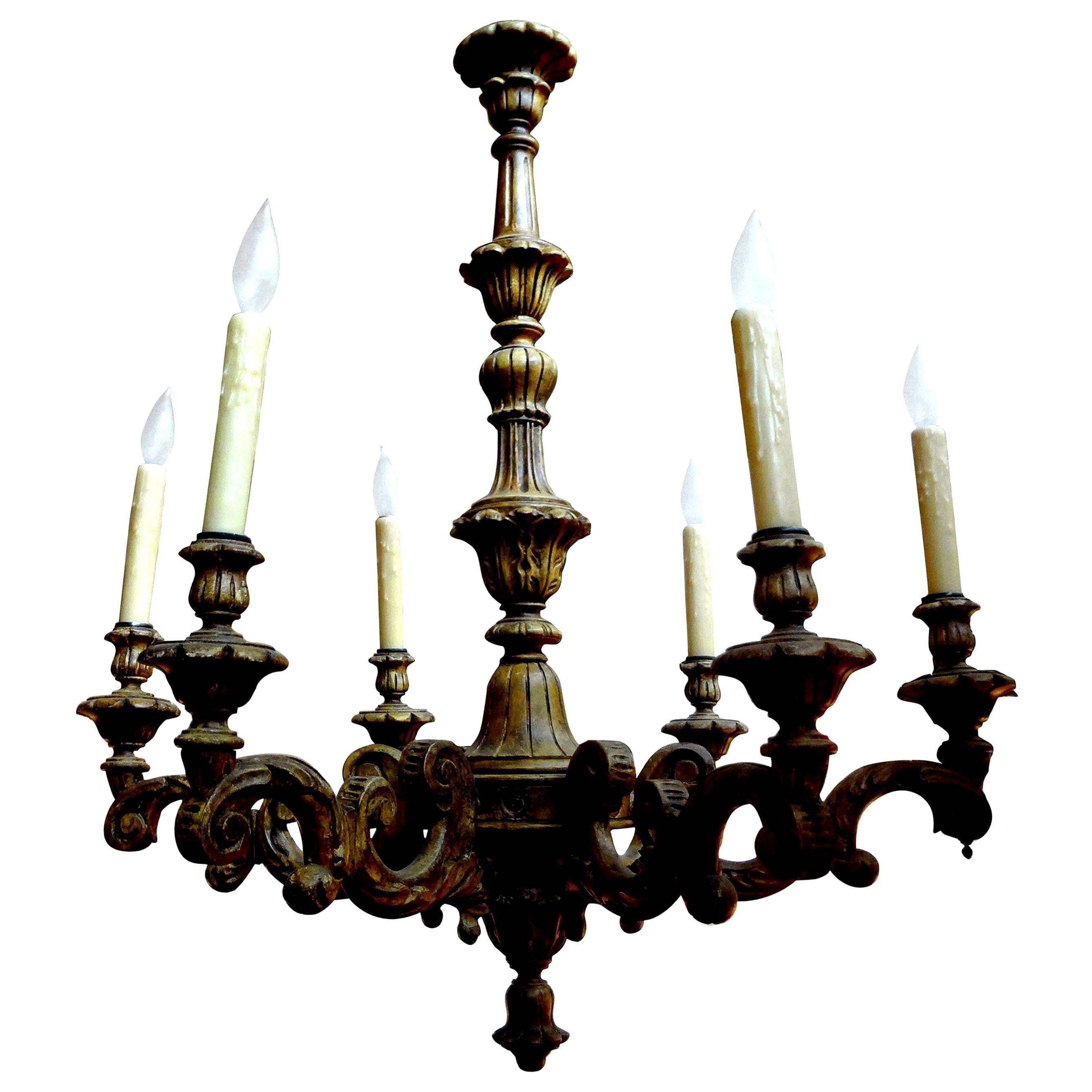 Antique Italian Six-Arm Carved Wood Chandelier In Good Condition In Houston, TX