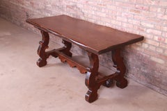 Antique Italian Solid Oak Library Trestle Table or Writing Desk