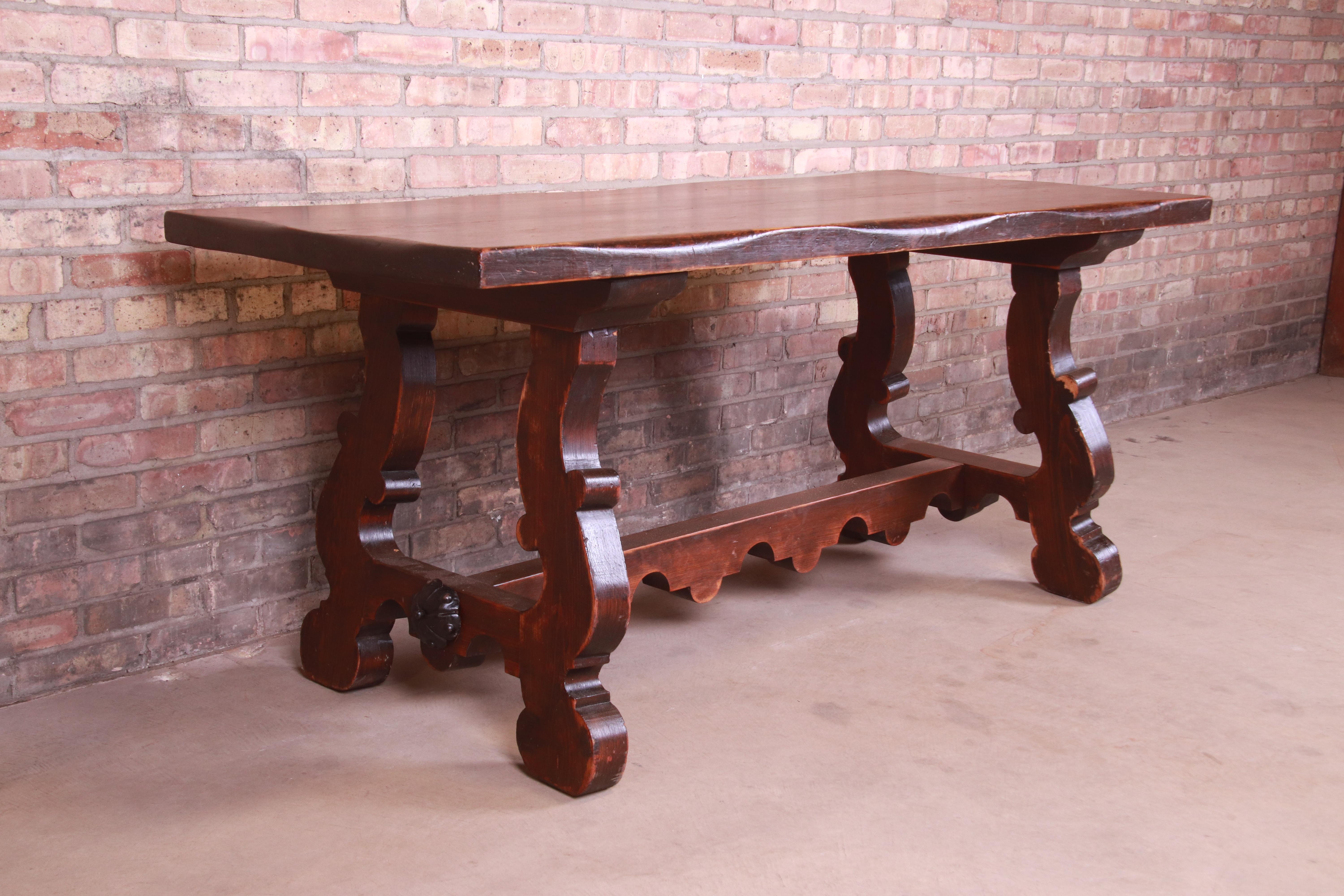 Baroque Antique Italian Solid Oak Library Trestle Table or Writing Desk