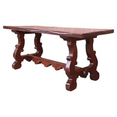 Antique Italian Solid Oak Library Trestle Table or Writing Desk