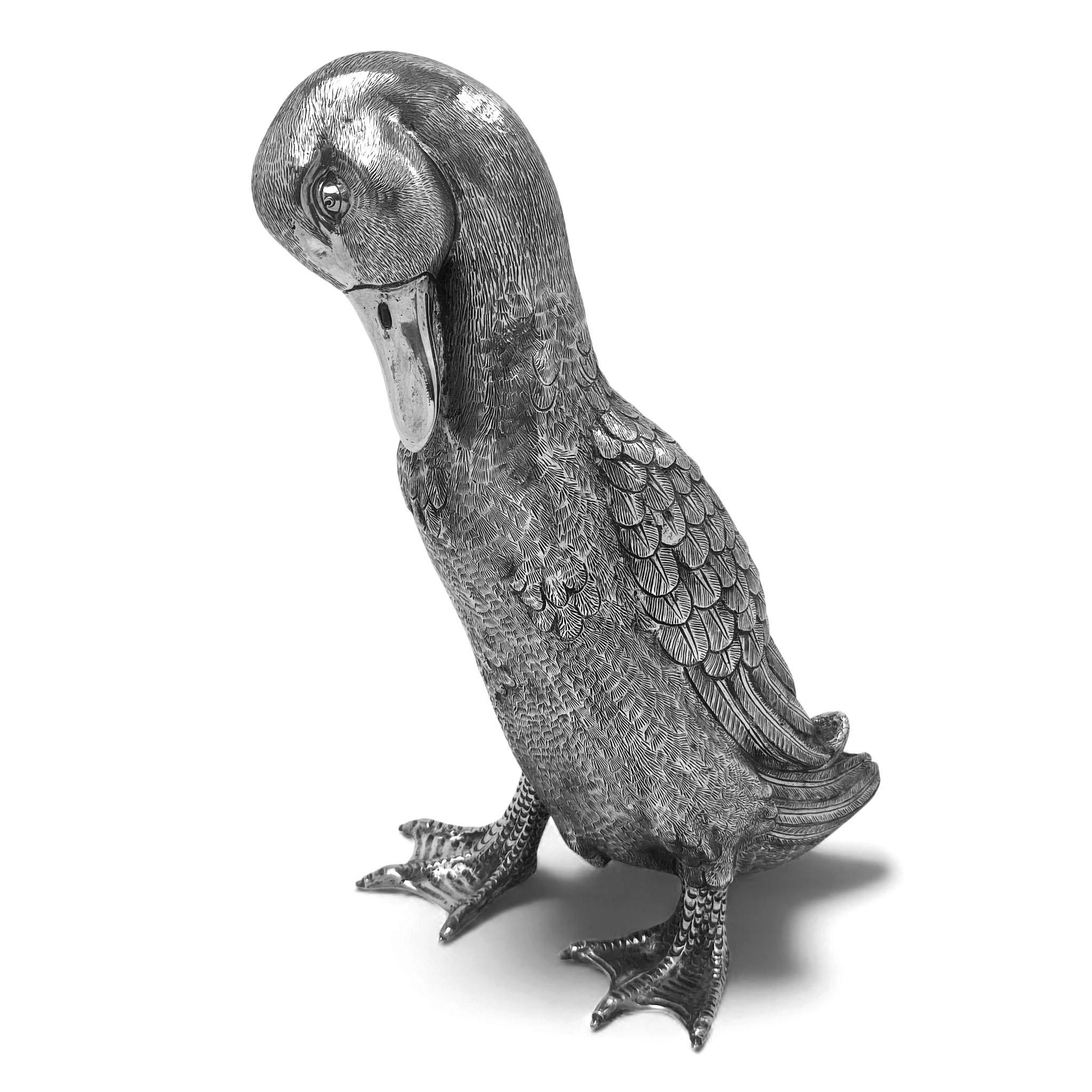 20ième siècle Ancienne Statue de canard en argent massif Statue d'oiseau A. De Luca A.I. C.C. en vente