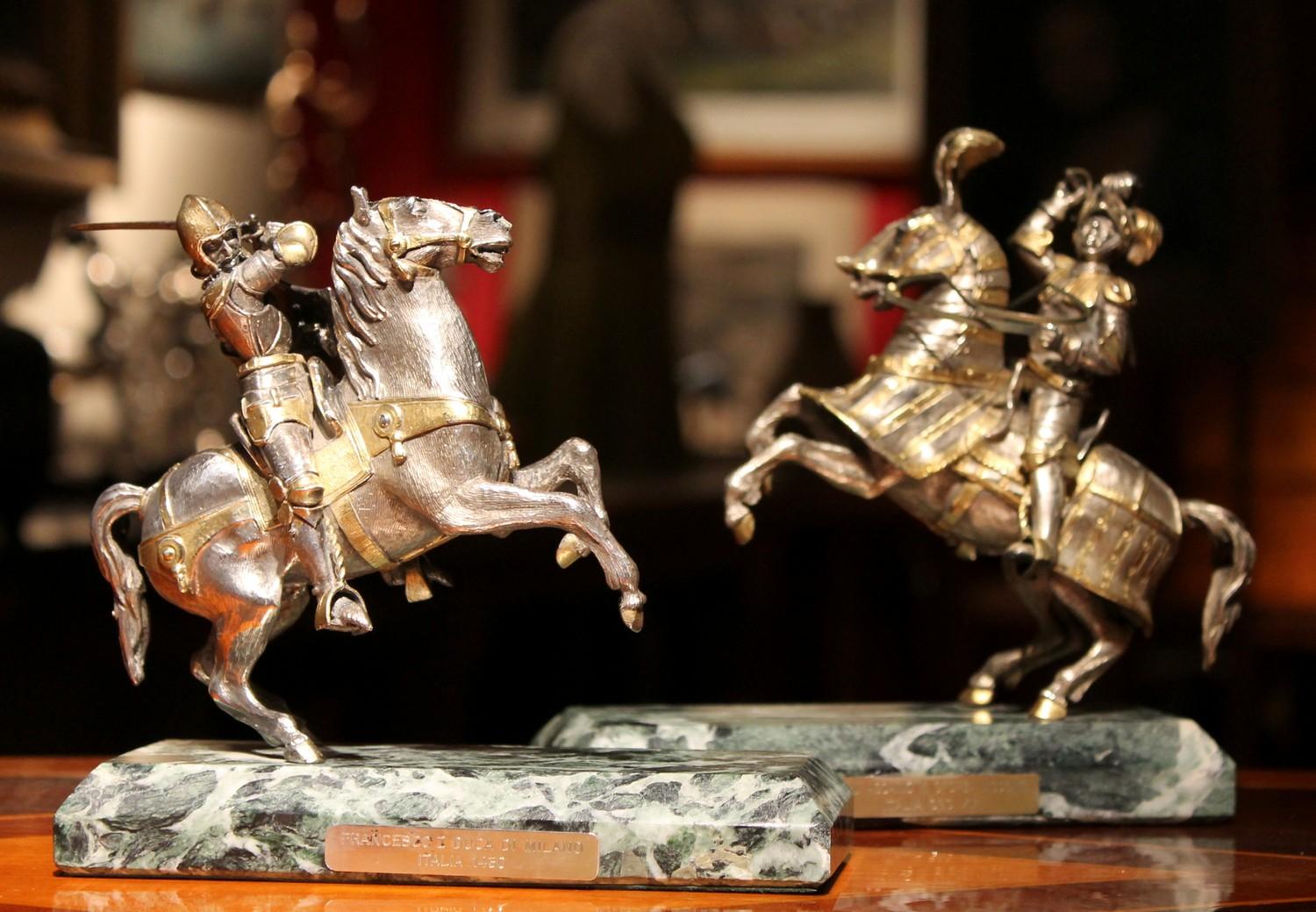 Medieval Antique Italian Sterling Silver Equestrian Knights Statues Figures on Horseback
