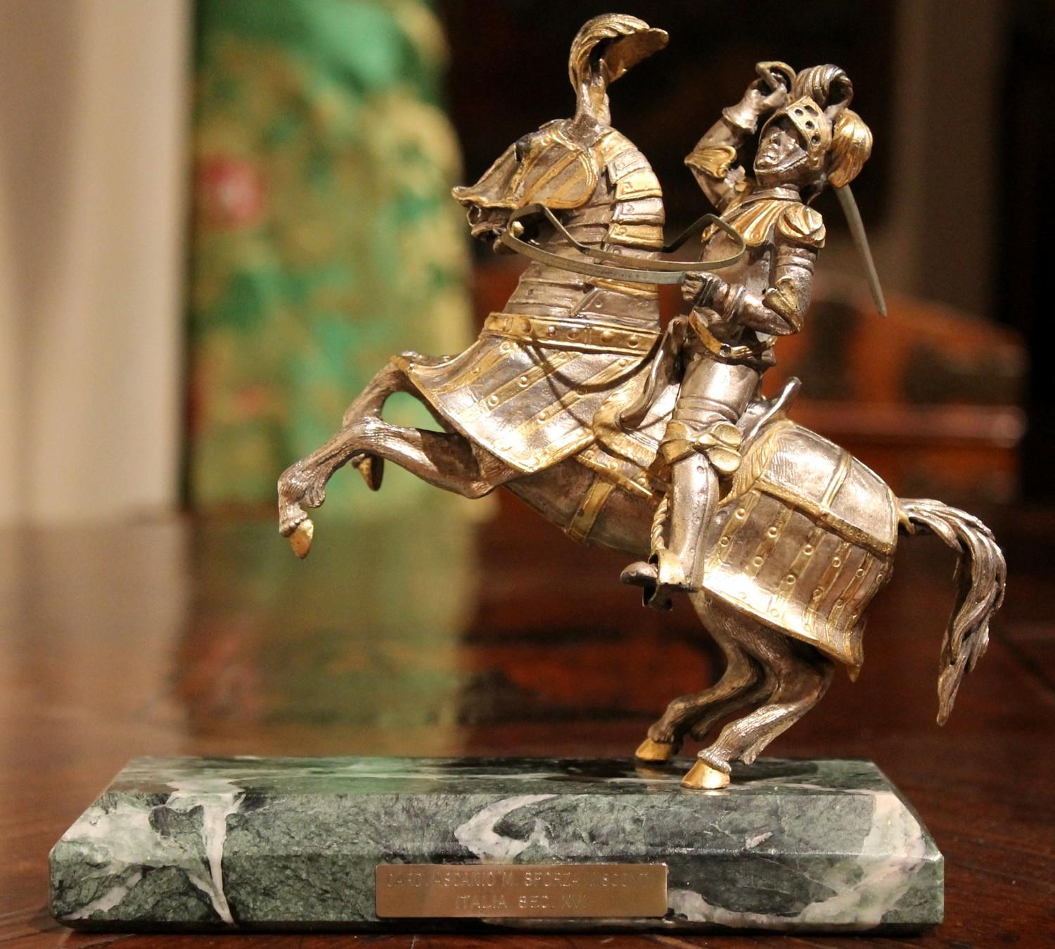 Antique Italian Sterling Silver Equestrian Knights Statues Figures on Horseback In Good Condition In Firenze, IT
