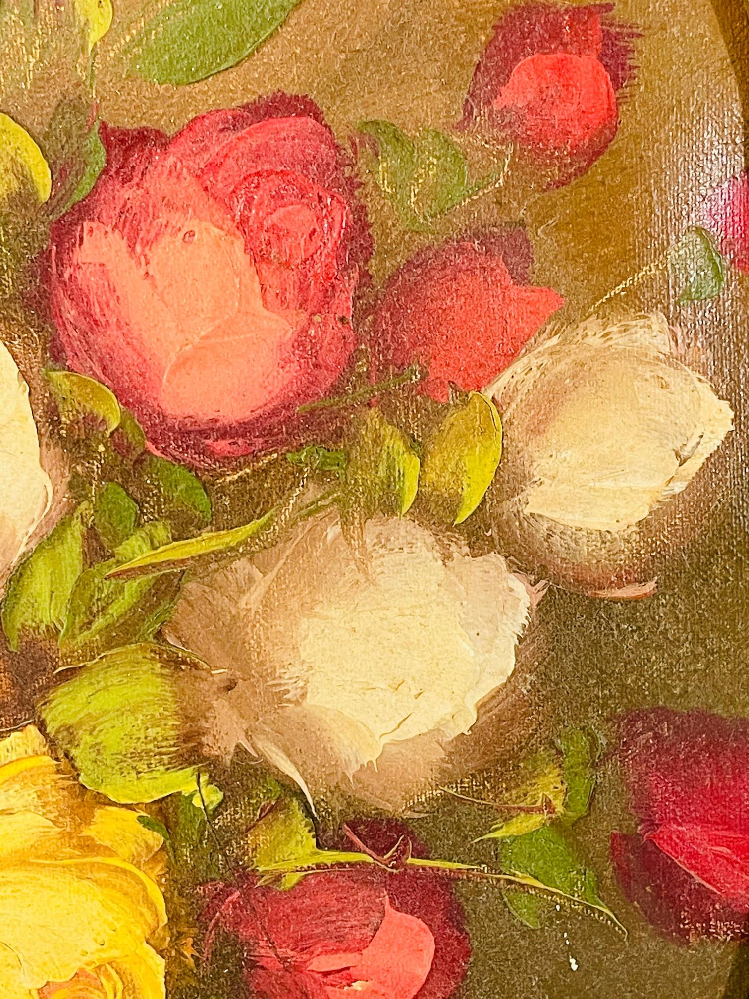 Antique Italian Still Life Vase with Flowers Oil on Canvas Wall Painting In Good Condition In Plainview, NY