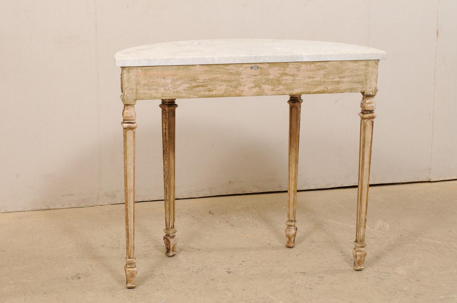 Wood Antique Italian-Style Demilune Table with Nicely Carved Accents & New Marble Top