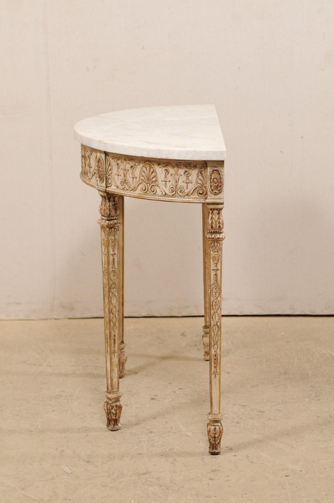 Antique Italian-Style Demilune Table with Nicely Carved Accents & New Marble Top 1
