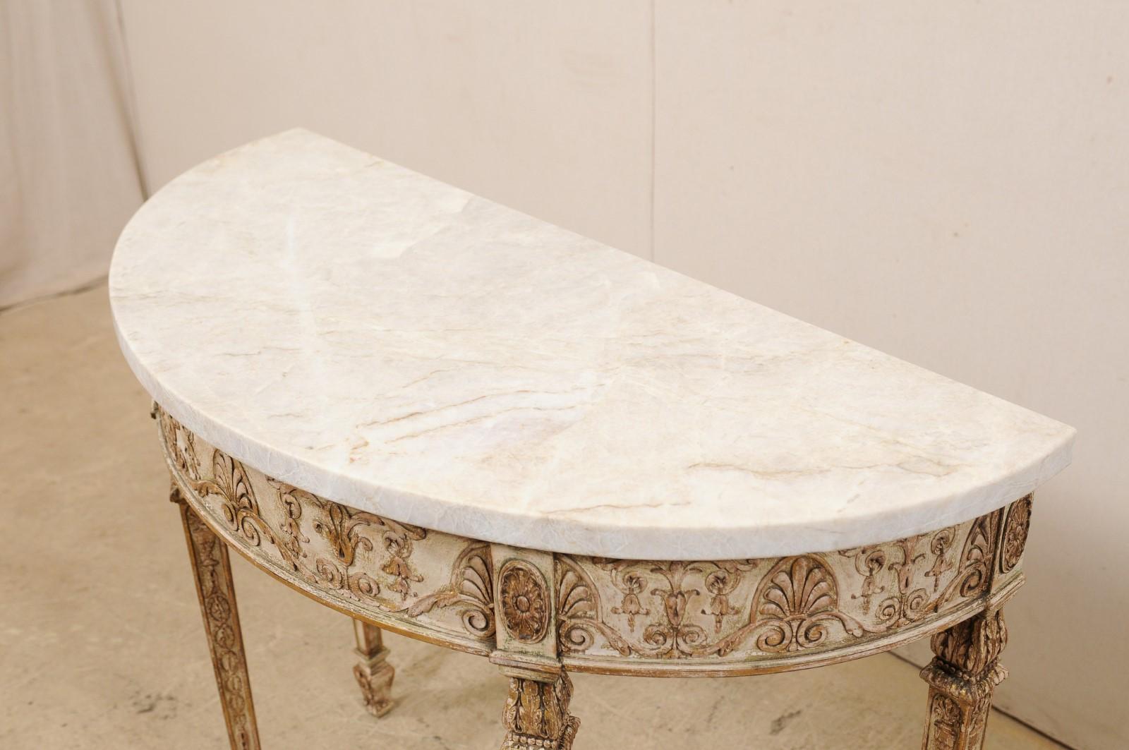 American Antique Italian-Style Demilune Table with Nicely Carved Accents & New Marble Top
