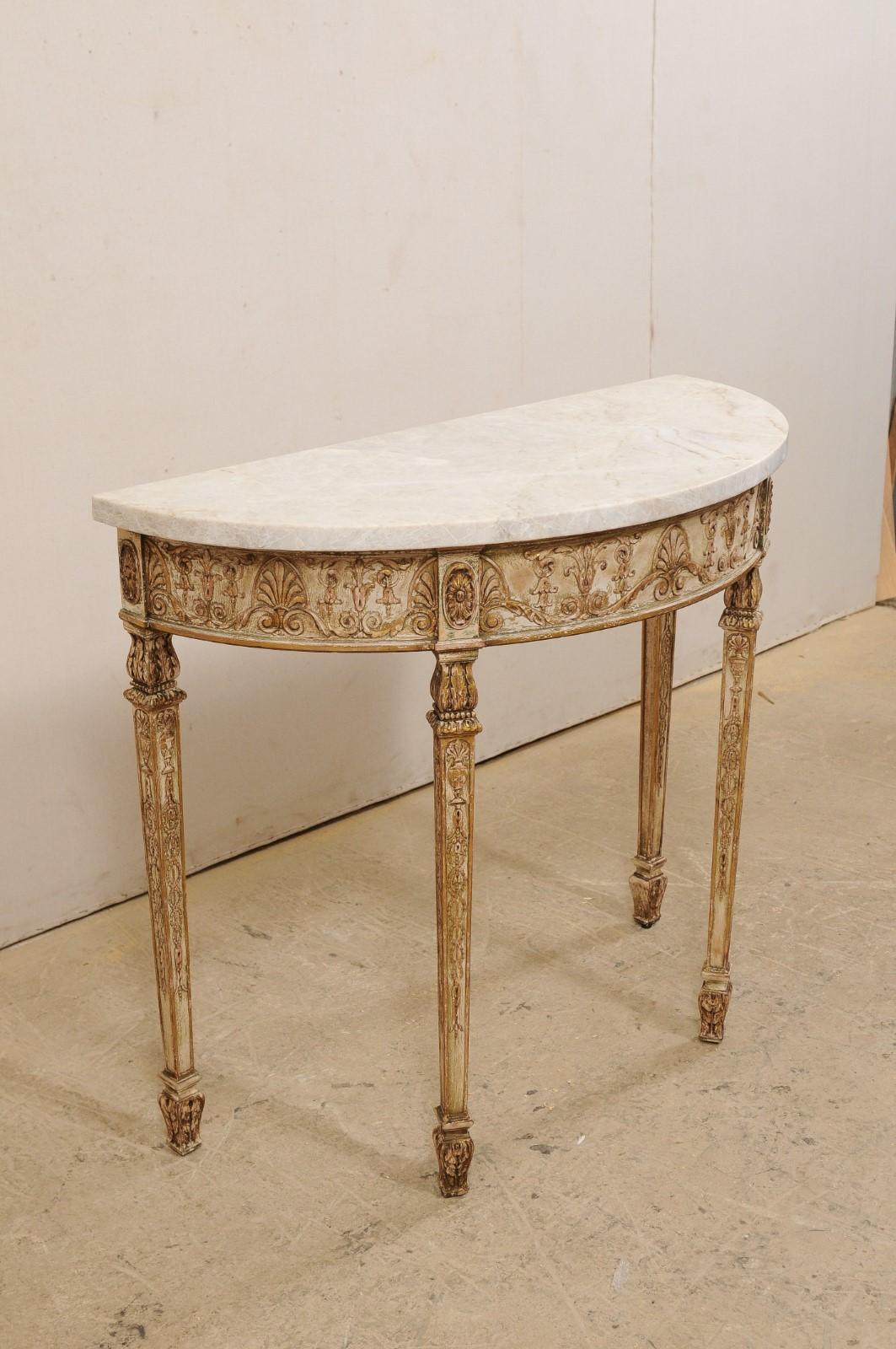 Hand-Carved Antique Italian-Style Demilune Table with Nicely Carved Accents & New Marble Top