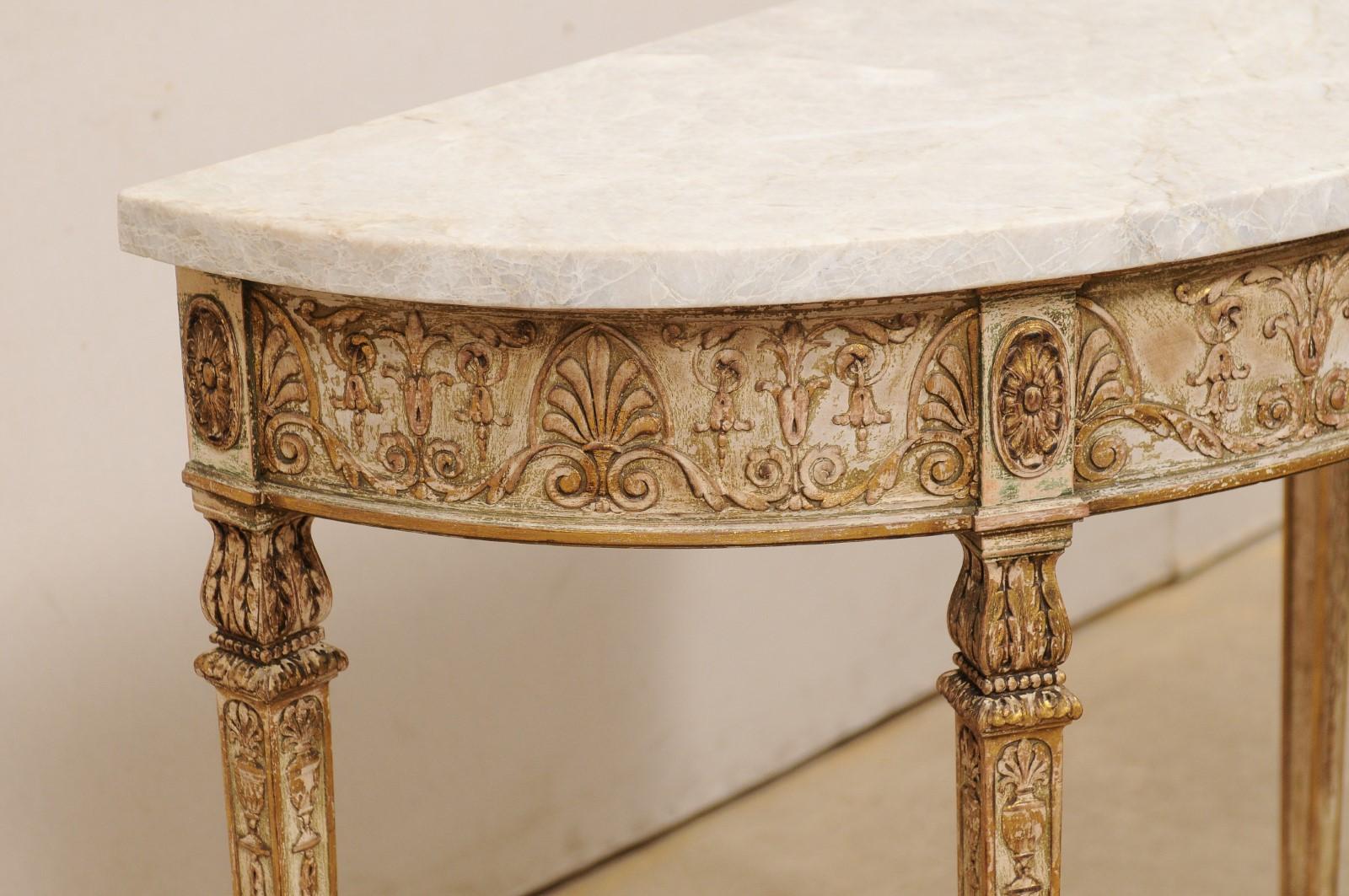 Antique Italian-Style Demilune Table with Nicely Carved Accents & New Marble Top In Good Condition In Atlanta, GA