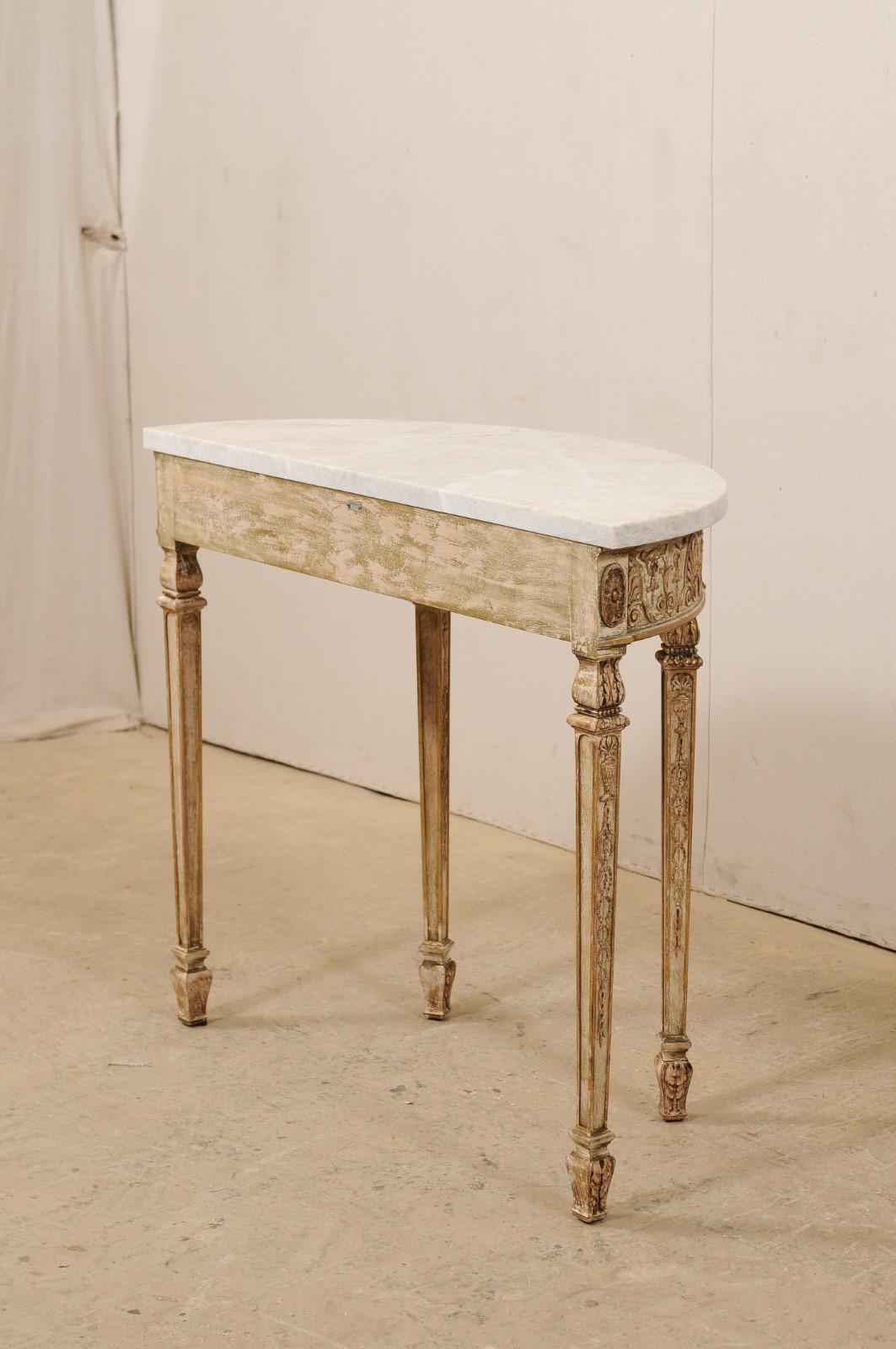 20th Century Antique Italian-Style Demilune Table with Nicely Carved Accents & New Marble Top