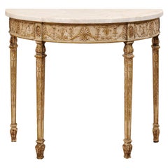 Antique Italian-Style Demilune Table with Nicely Carved Accents & New Marble Top