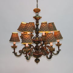 Antique Italian Style Polychromed Wood 12-Light Chandelier & Cloth Shade C1930