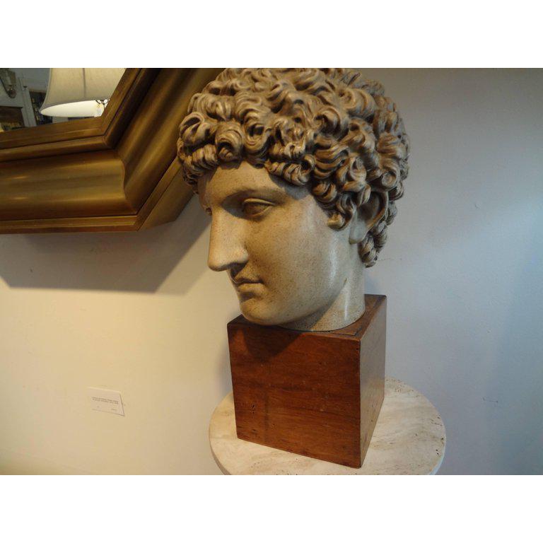 Antique Italian terracotta classical bust on a wood base.
Italian patinated terra cotta bust or sculpture of a classical Roman on a wood base, circa 1920, possibly a Grand Tour piece. Well executed and detailed.