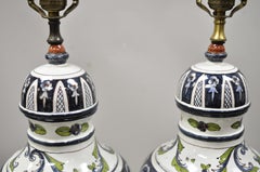Antique Italian Terracotta Majolica Blue French Country Table Lamps, a Pair