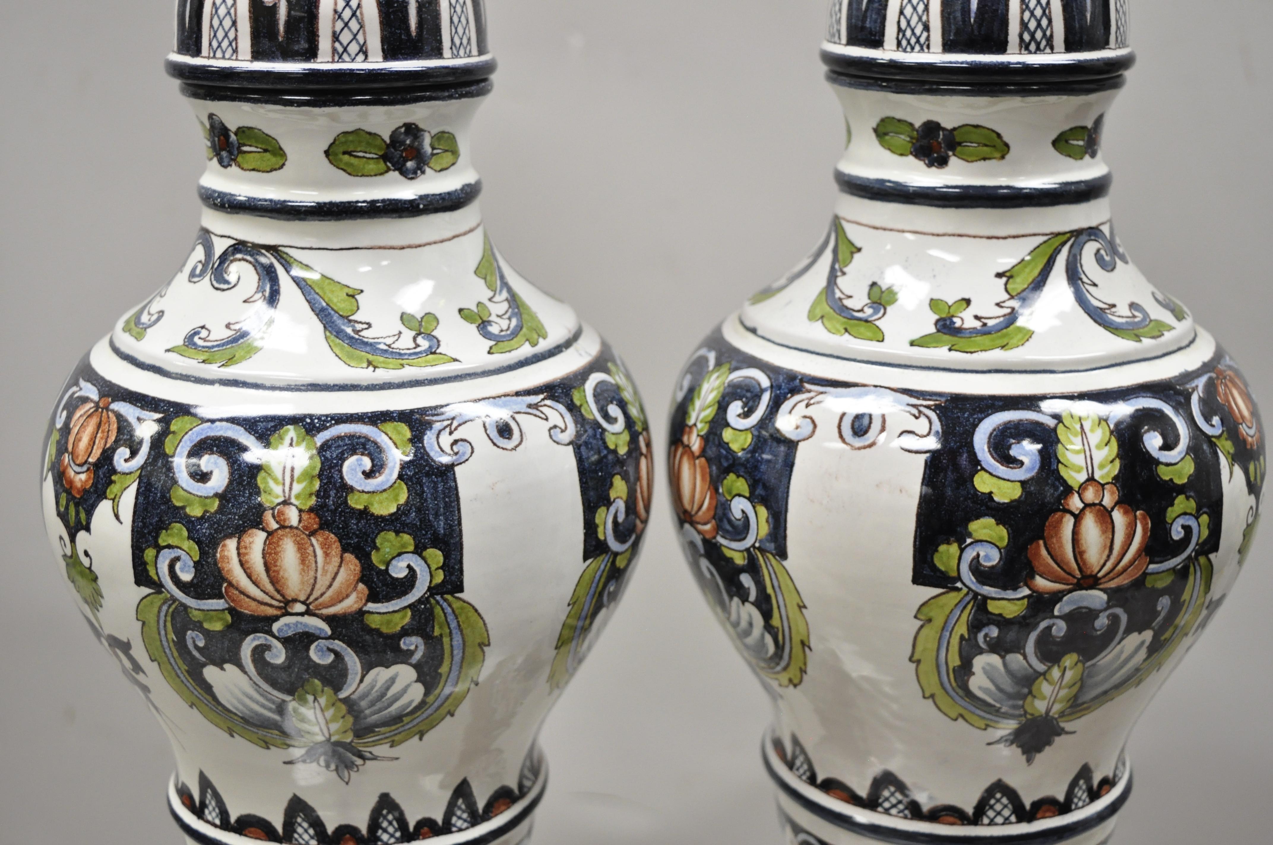 Antique Italian Terracotta Majolica Blue French Country Table Lamps, a Pair In Good Condition In Philadelphia, PA