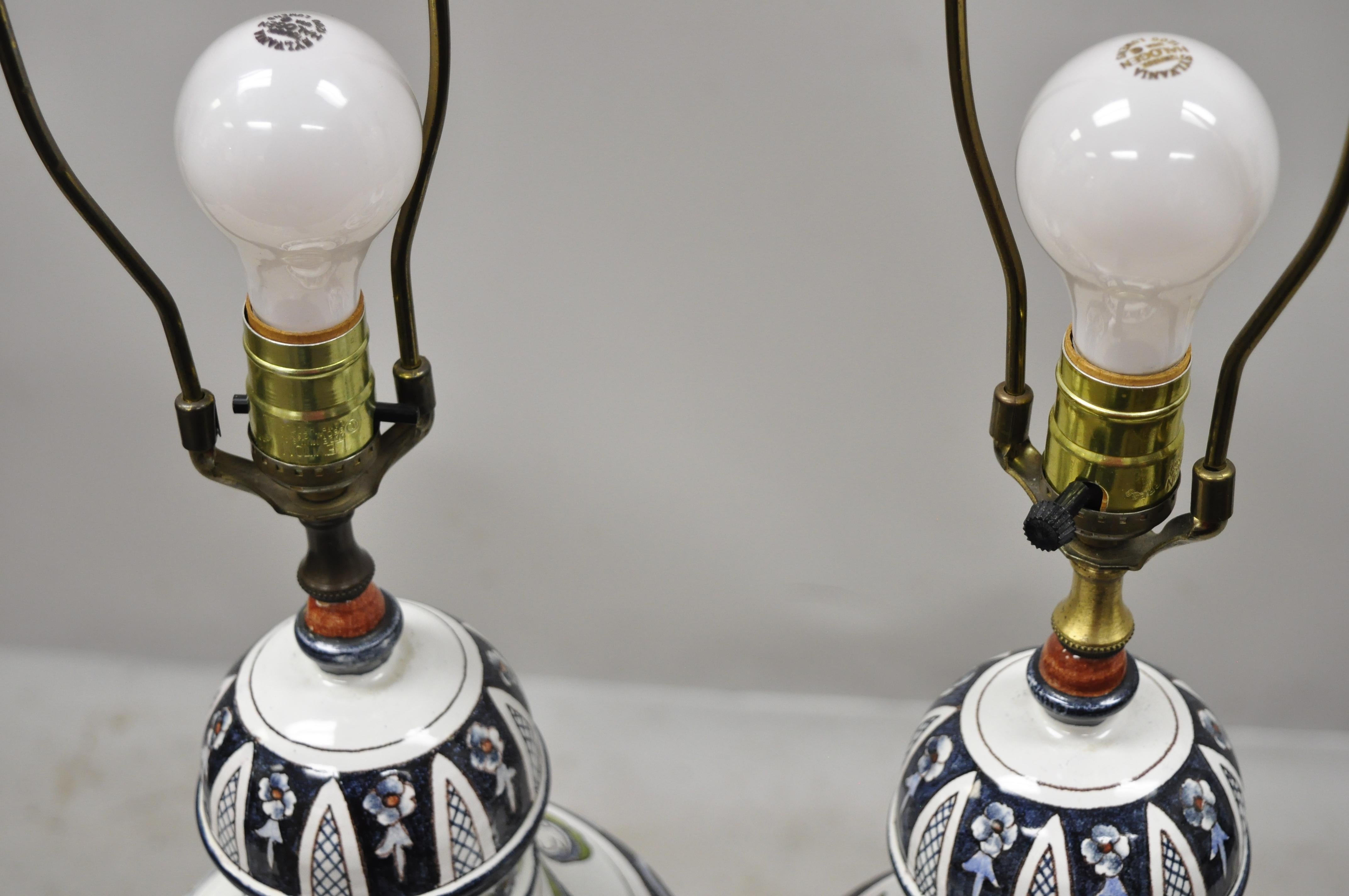 Metal Antique Italian Terracotta Majolica Blue French Country Table Lamps, a Pair