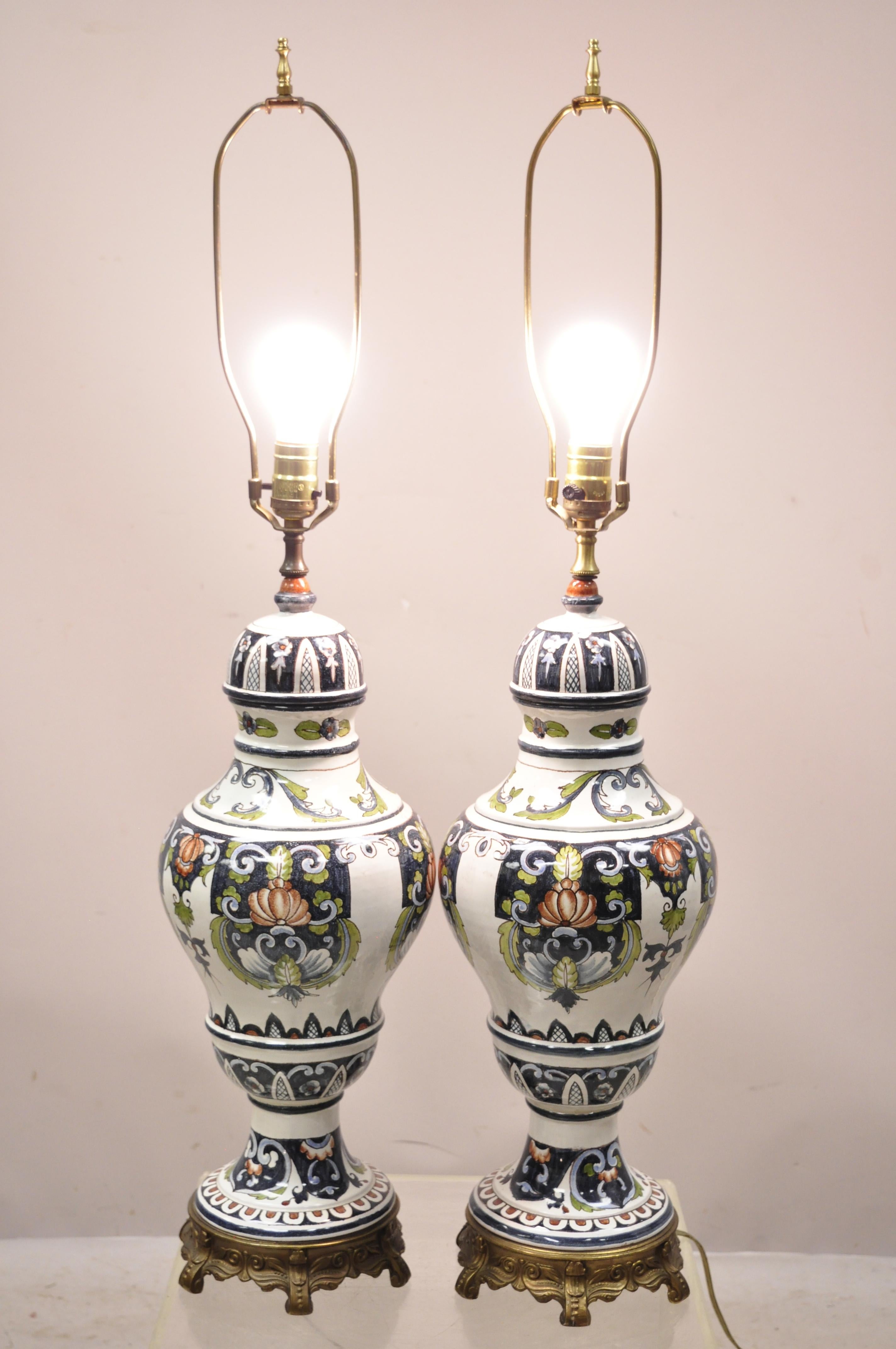 Antique Italian Terracotta Majolica Blue French Country Table Lamps, a Pair 4
