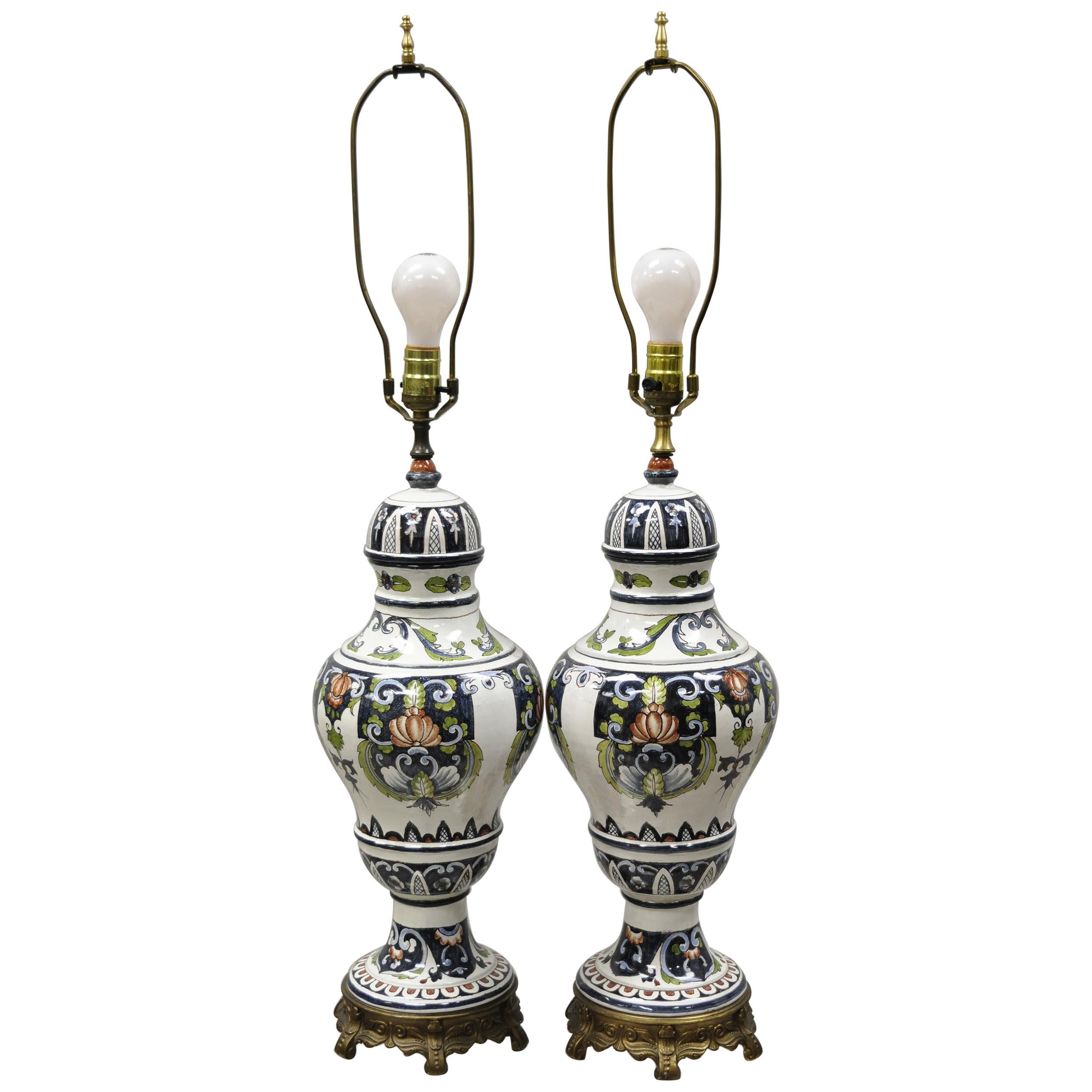 Antique Italian Terracotta Majolica Blue French Country Table Lamps, a Pair