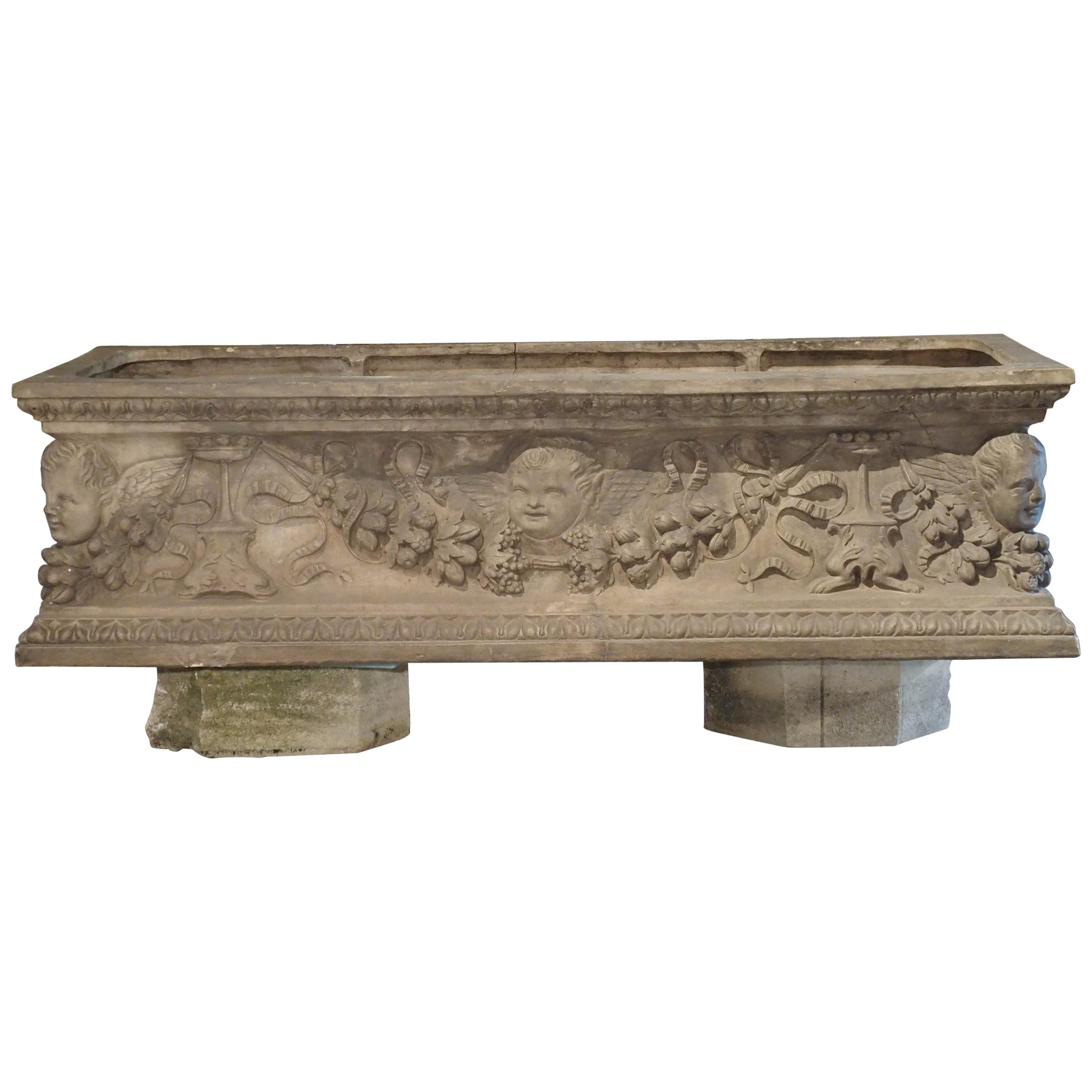 Antique Italian Terracotta Planter with Winged Cherubs and Garlands