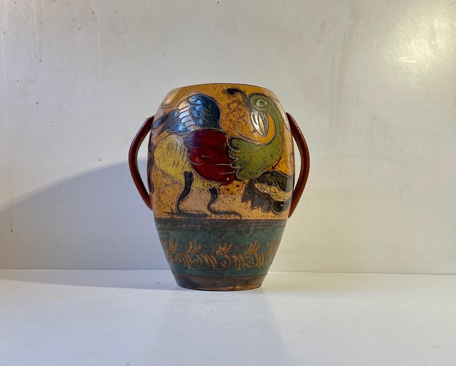 Glazed Antique Italian Terracotta Urn with Roosters in Majolica, 18th/19th Century For Sale