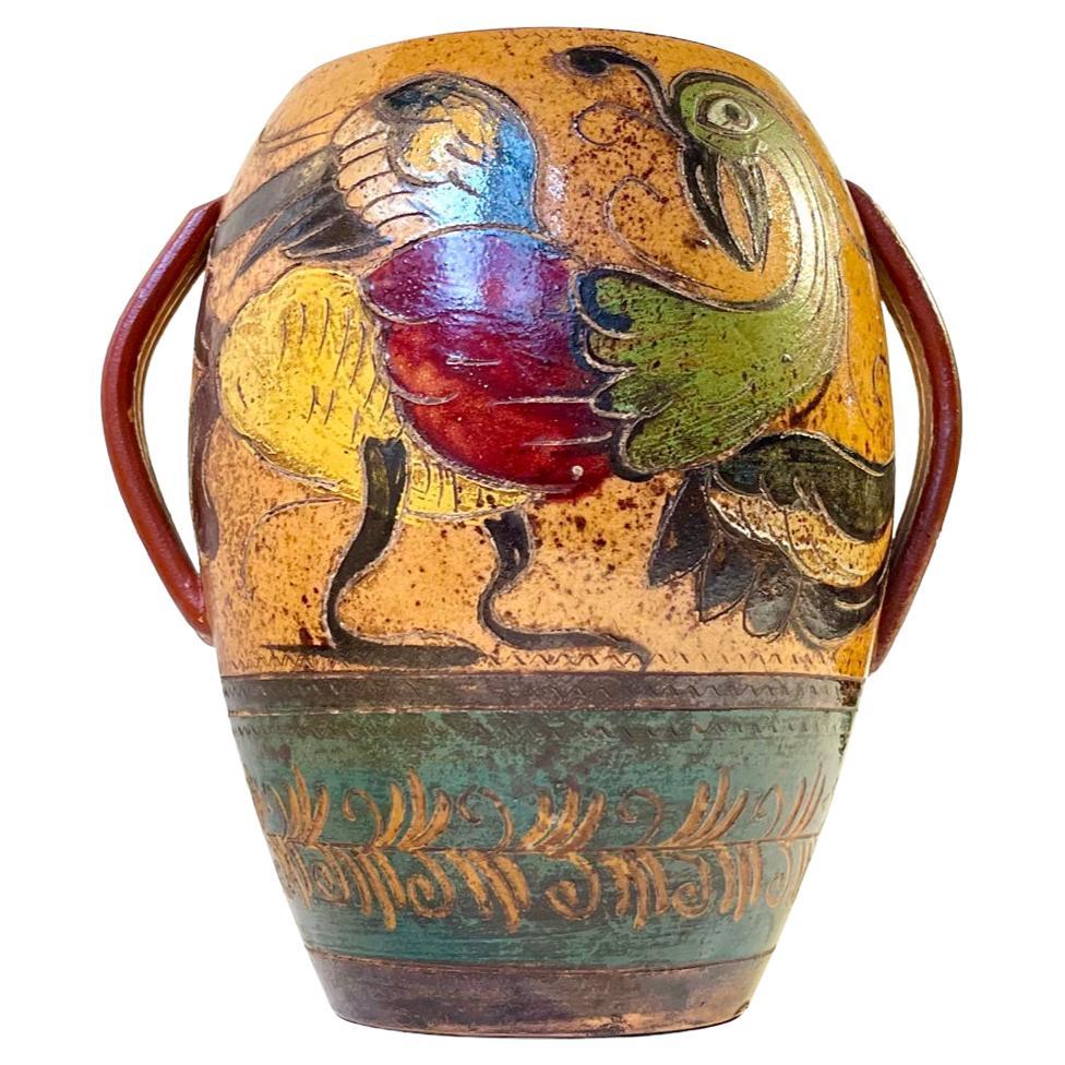 Antique Italian Terracotta Urn with Roosters in Majolica, 18th/19th Century For Sale