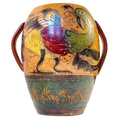 Antique Italian Terracotta Urn with Roosters in Majolica, 18th/19th Century