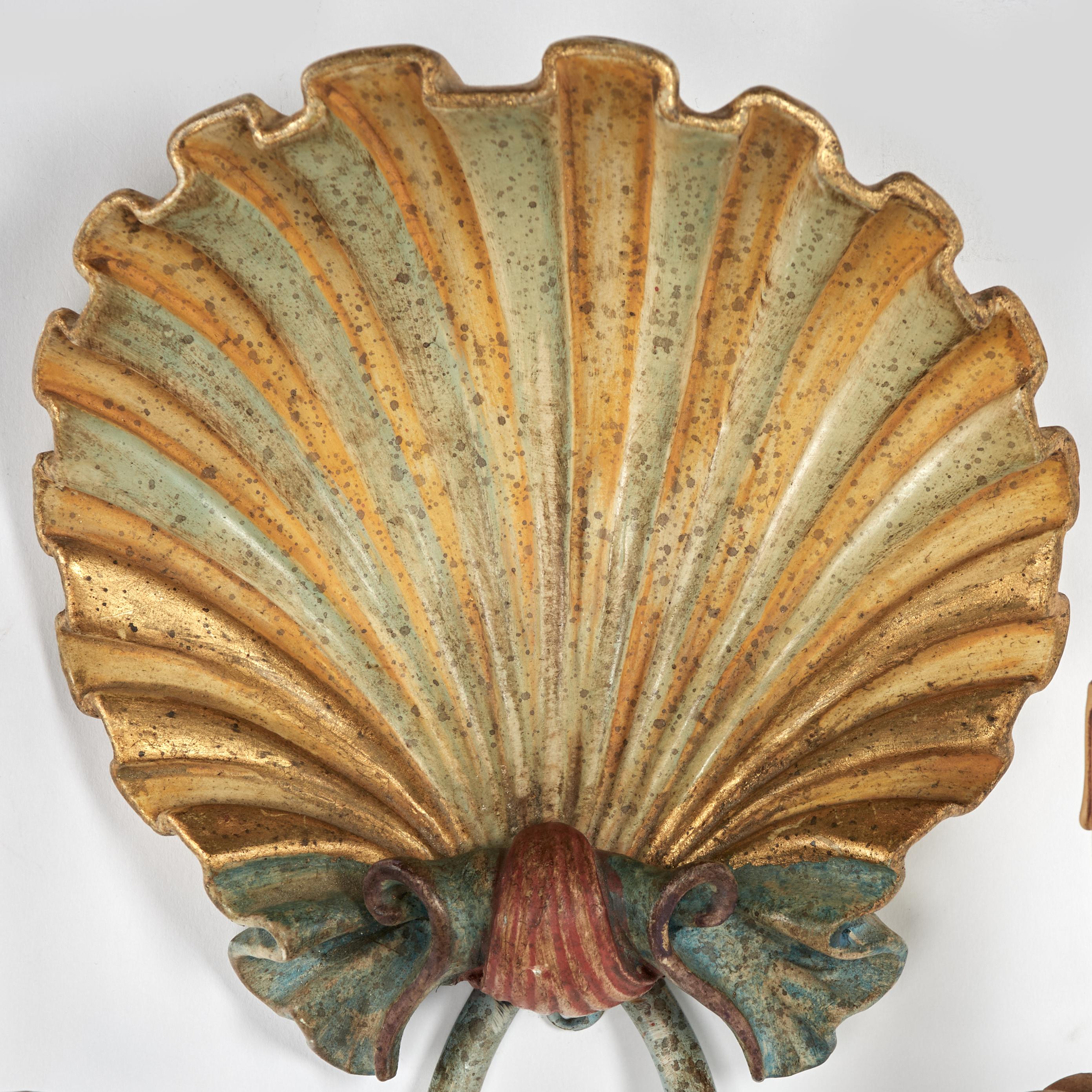 Wood Antique Italian Three Piece Sconce Set with Seashell and Cat Tails For Sale