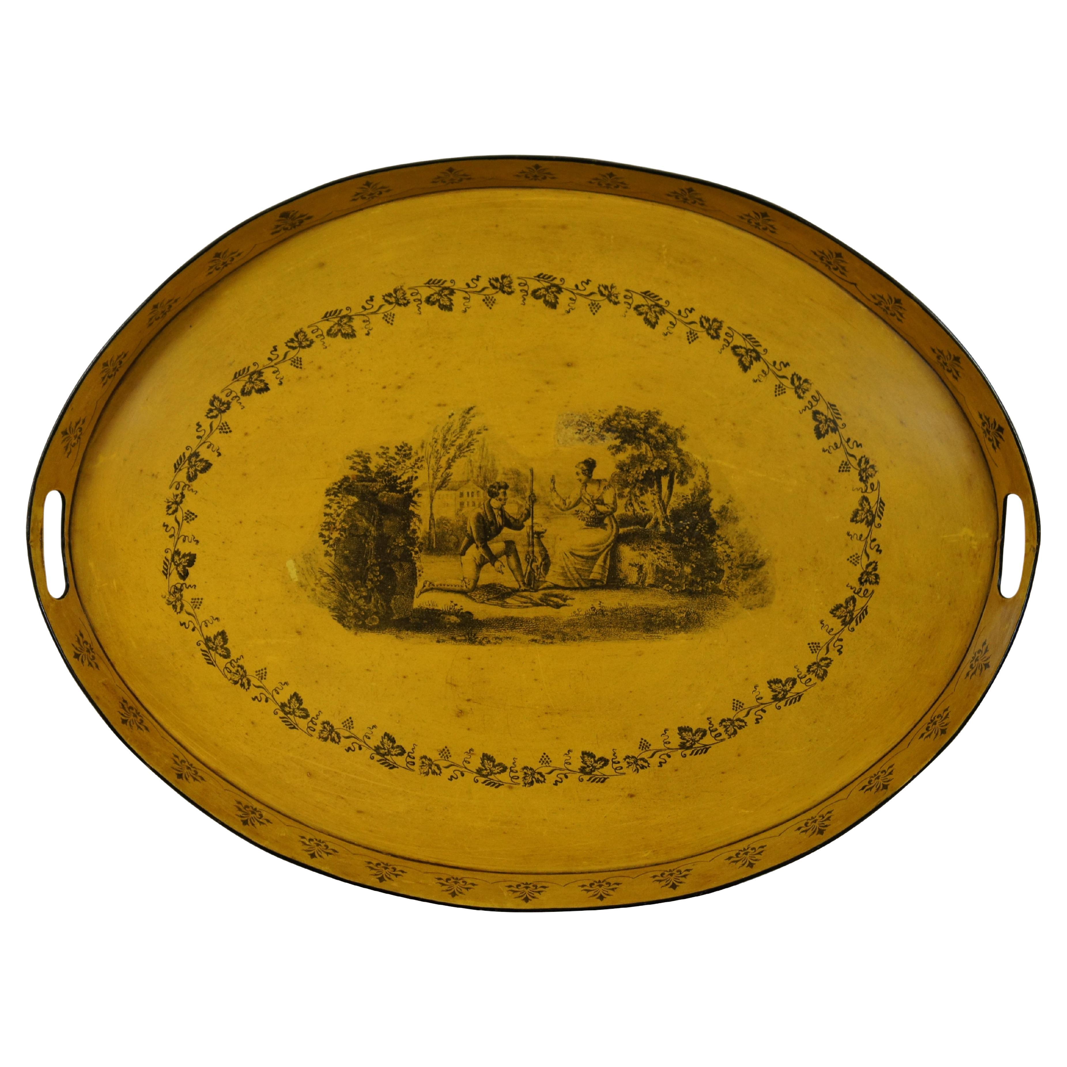 Antique Italian Toleware French Provincial Toile Tray Oval Lithograph Landscape