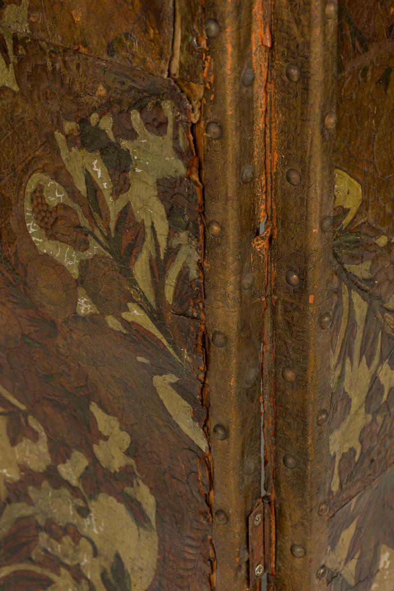 Antique Italian Tooled Leather Floral Design Four Panel Folding Screen For Sale 8