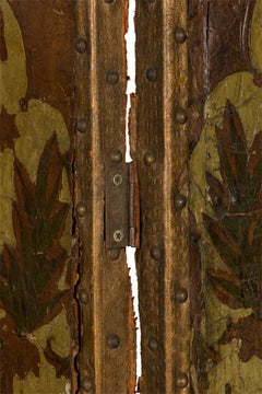 Antique Italian Tooled Leather Floral Design Four Panel Folding Screen
