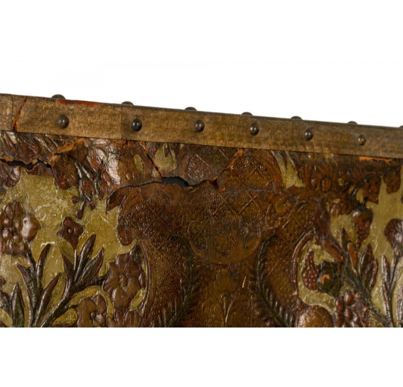Baroque Antique Italian Tooled Leather Floral Design Four Panel Folding Screen For Sale