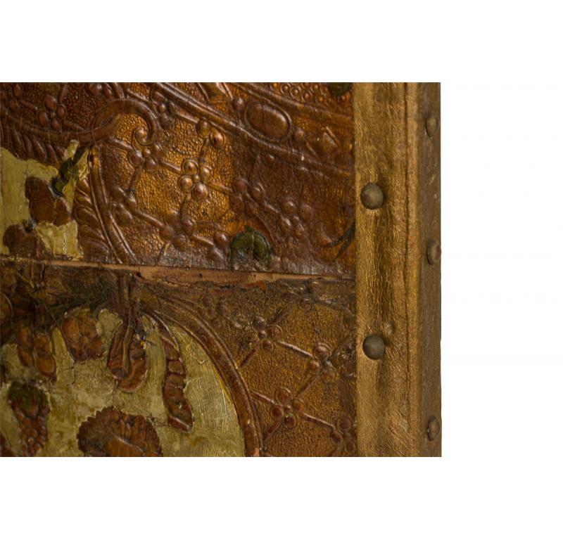 Antique Italian Tooled Leather Floral Design Four Panel Folding Screen In Fair Condition For Sale In Queens, NY