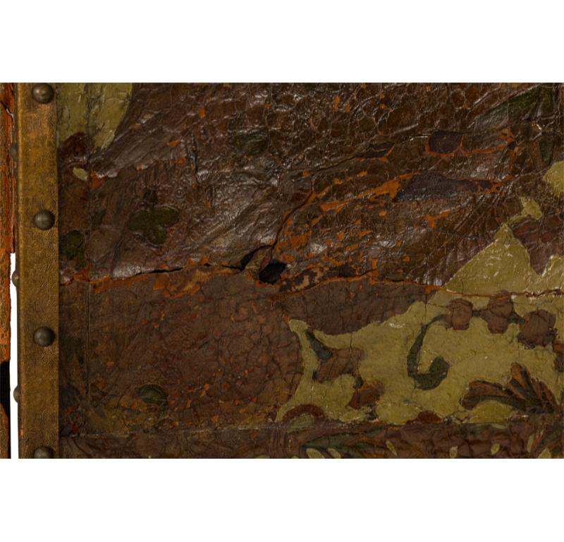 19th Century Antique Italian Tooled Leather Floral Design Four Panel Folding Screen For Sale