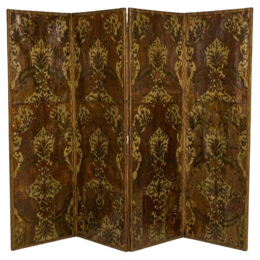 Antique Italian Tooled Leather Floral Design Four Panel Folding Screen For Sale