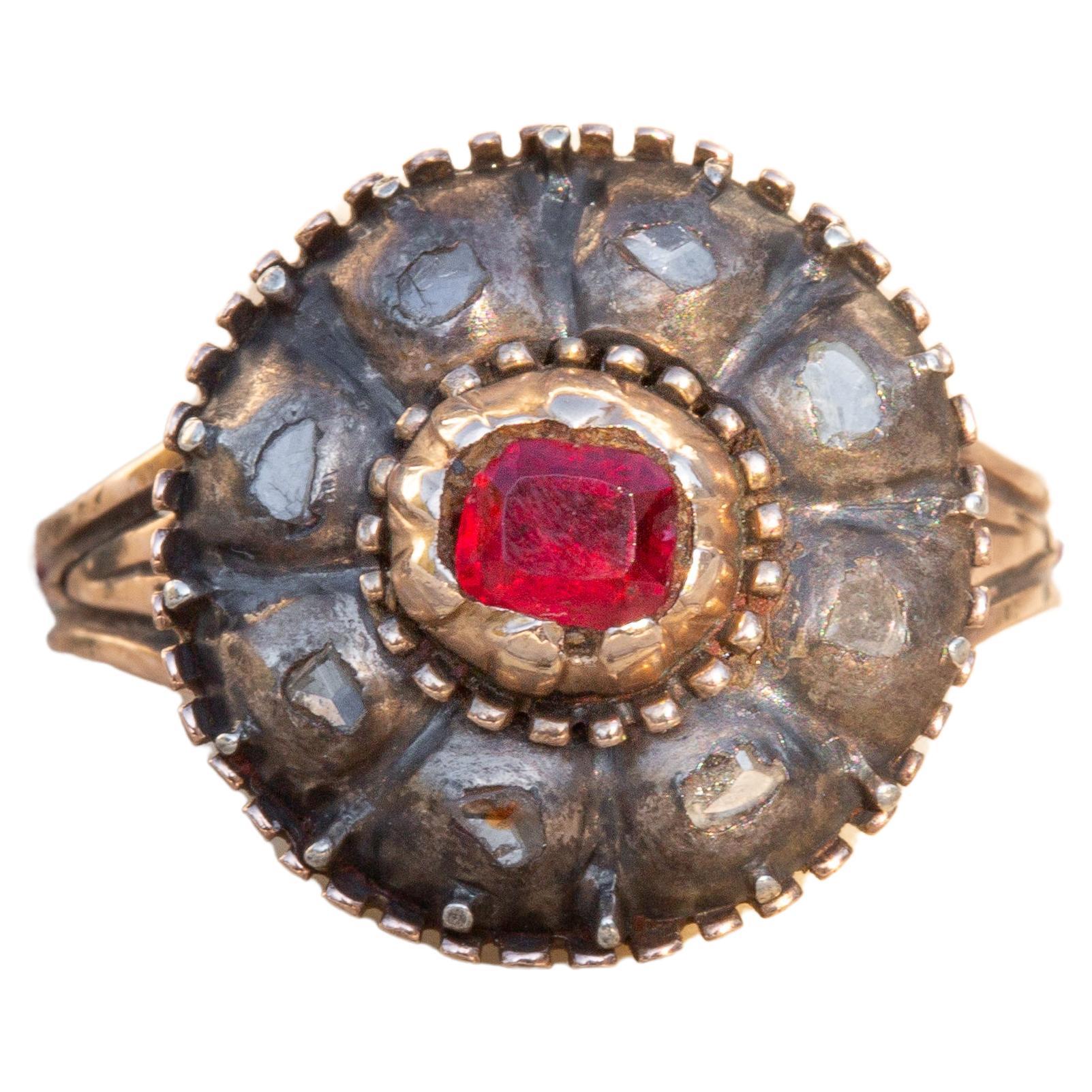Antique Italian Traditional Garnet and Diamond Cluster Ring Georgian Era