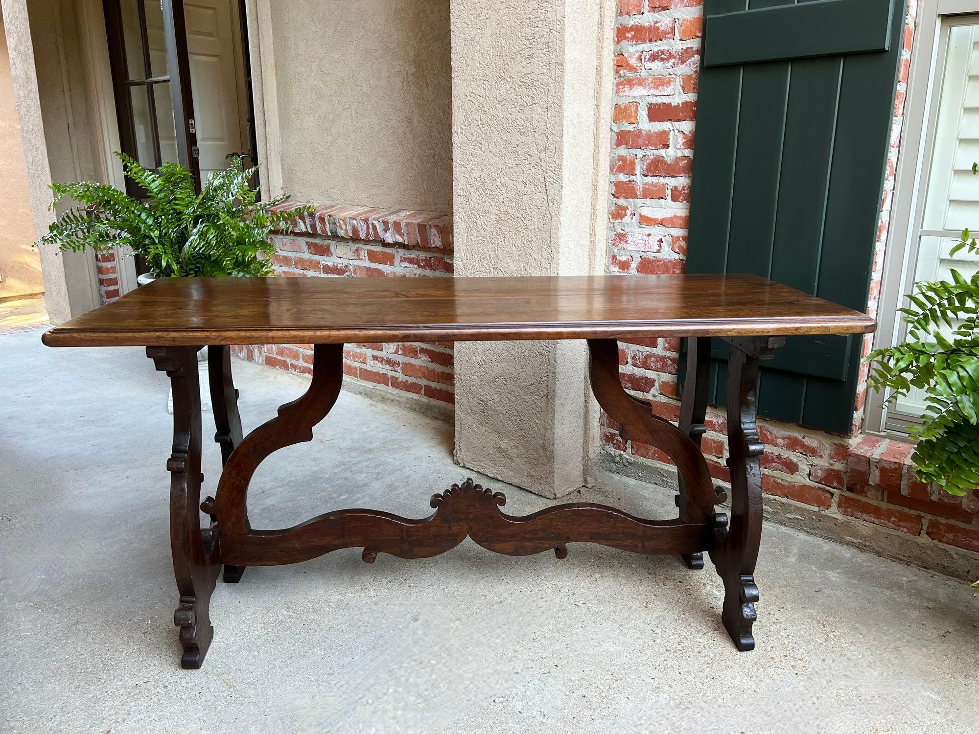 Hand-Carved Antique Italian Trestle Dining Table Desk Walnut 6 ft Console Table circa1800 For Sale