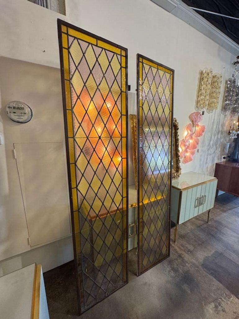 Antique Italian Tri-Color Stain Glass Windows In Good Condition For Sale In Dallas, TX