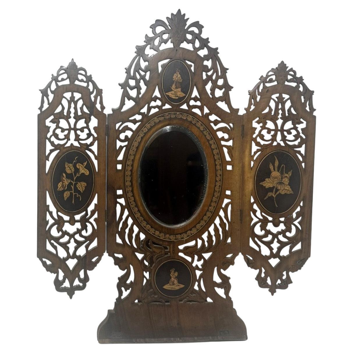 Antiguo Tríptico Italiano Sorrento Ware Nogal Muleta Espejo Plegable Ovalado 19th Ct en venta