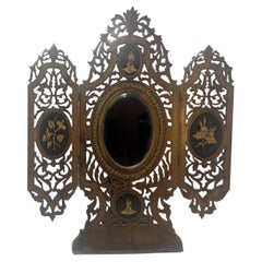 Antike italienische Triptychon Sorrento Ware Walnuss Krücke Oval Folding Mirror 19th Ct