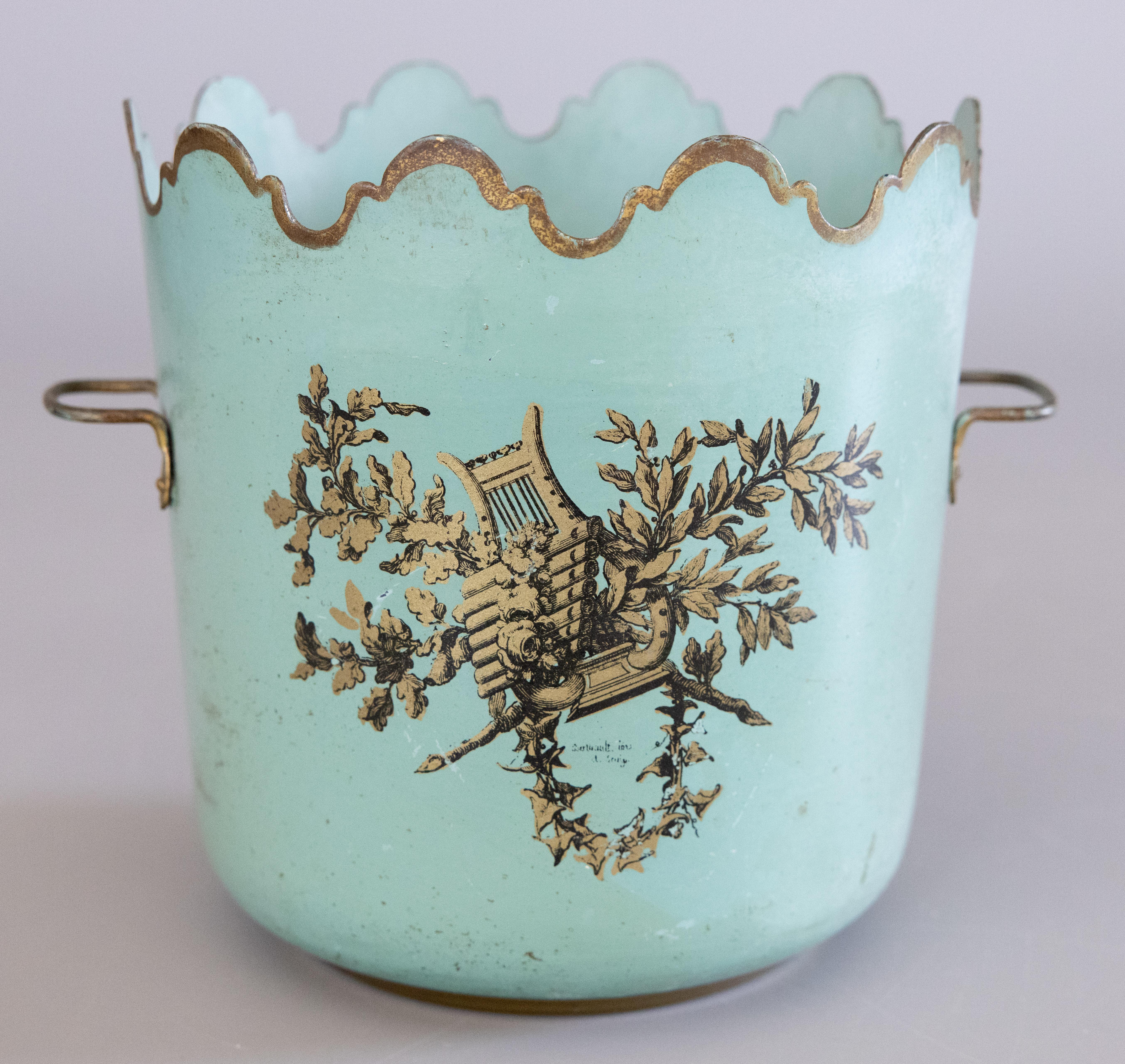Hand-Painted Antique Italian Turquoise Gilt Tole Monteith Jardiniere Cachepot Planter For Sale