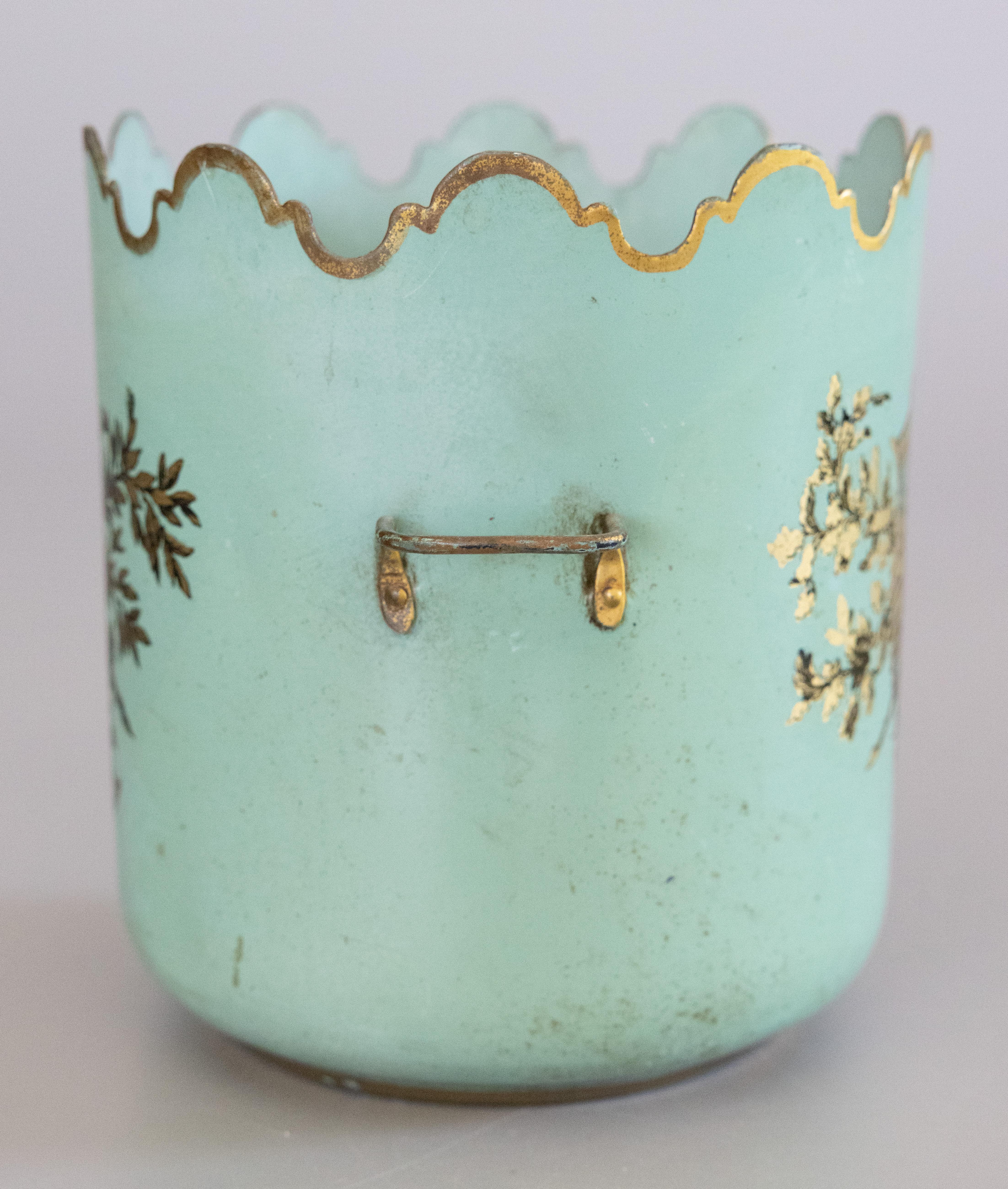 Antique Italian Turquoise Gilt Tole Monteith Jardiniere Cachepot Planter In Good Condition For Sale In Pearland, TX