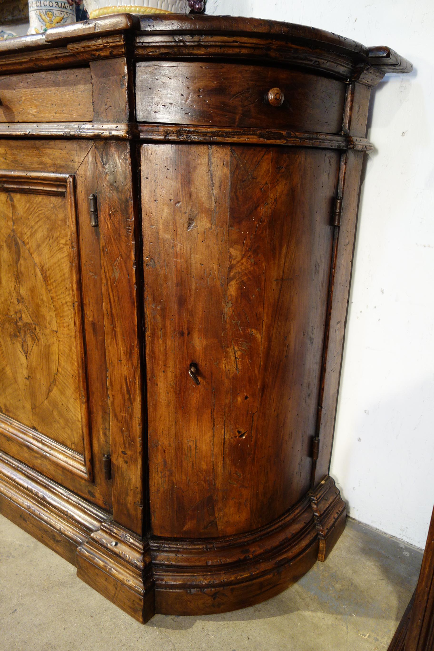 Forged 18th Century Style Italian Bombata Radica Old Walnut Burl Credenza (custom) For Sale