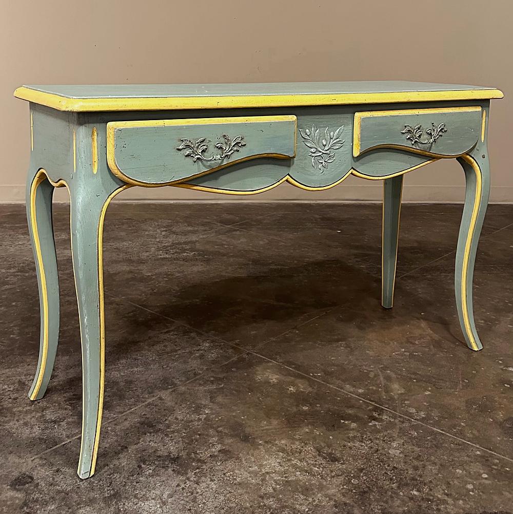 Antique Italian Tuscan painted sofa table ~ console features clean, uncluttered lines and a wonderfully patinaed painted finish with gold highlights to make it the perfect addition to your casual decor! Pair of drawers with brass pulls only adds to