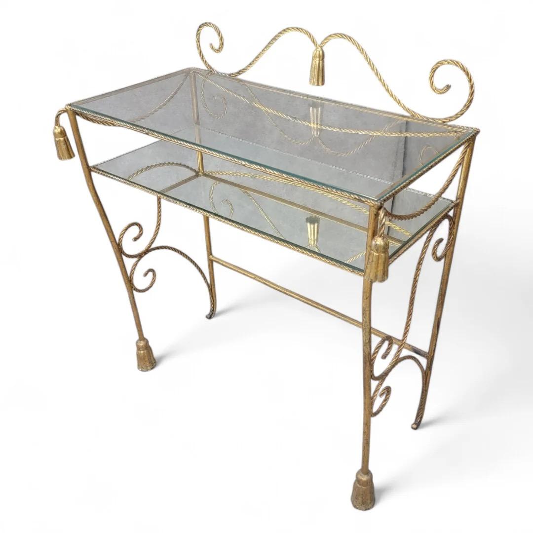 Antique Italian Two Tier Gilt Rope With Tassels Vanity/Dry-Bar Console Table In Good Condition For Sale In Chicago, IL