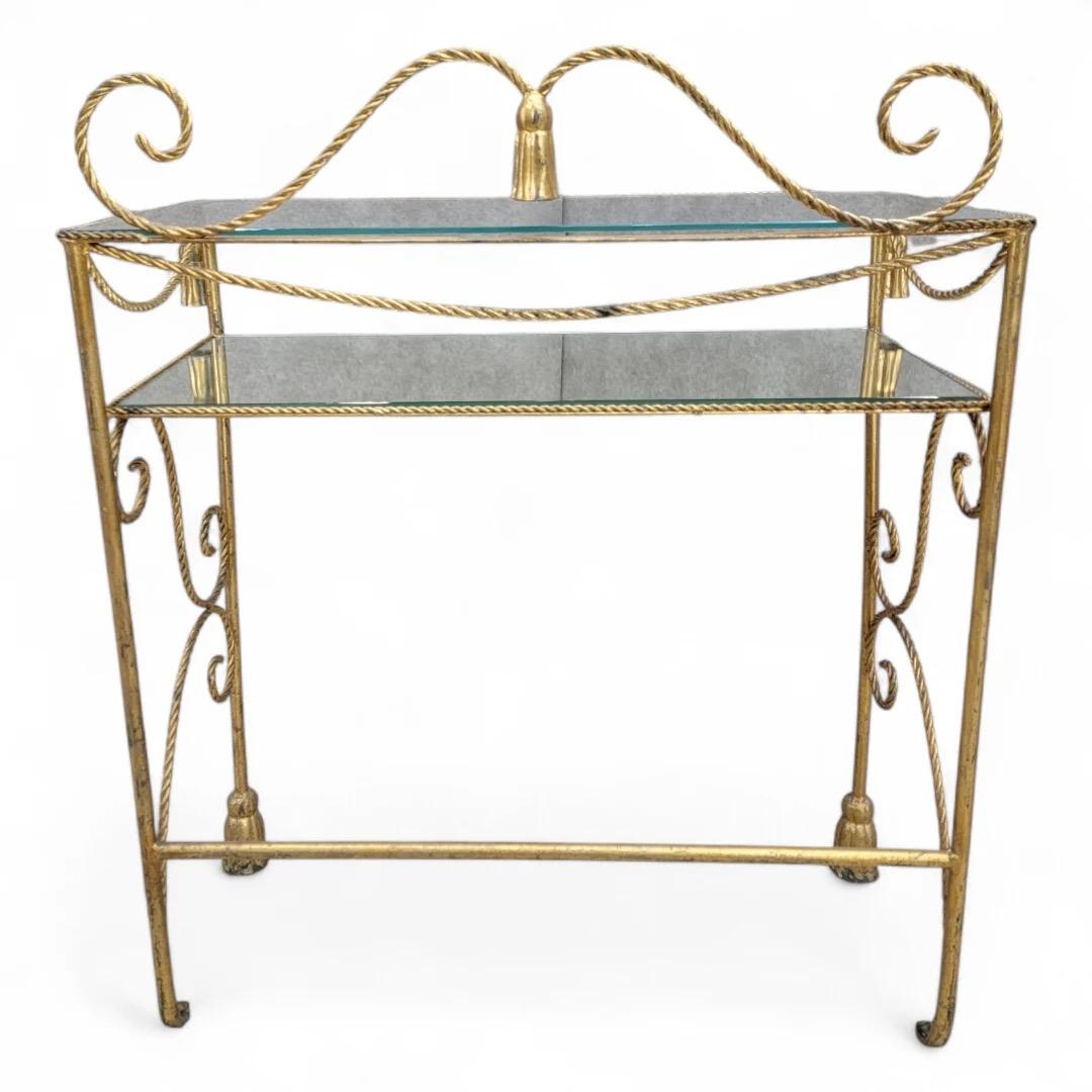 Iron Antique Italian Two Tier Gilt Rope With Tassels Vanity/Dry-Bar Console Table For Sale